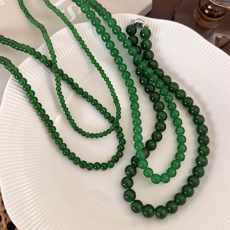 Minar 2025 4 6 8 10mm Green Color Glass Beads Strand Beaded Necklace for Women Female Silver Plated Toggle Clasp Chokers 250704