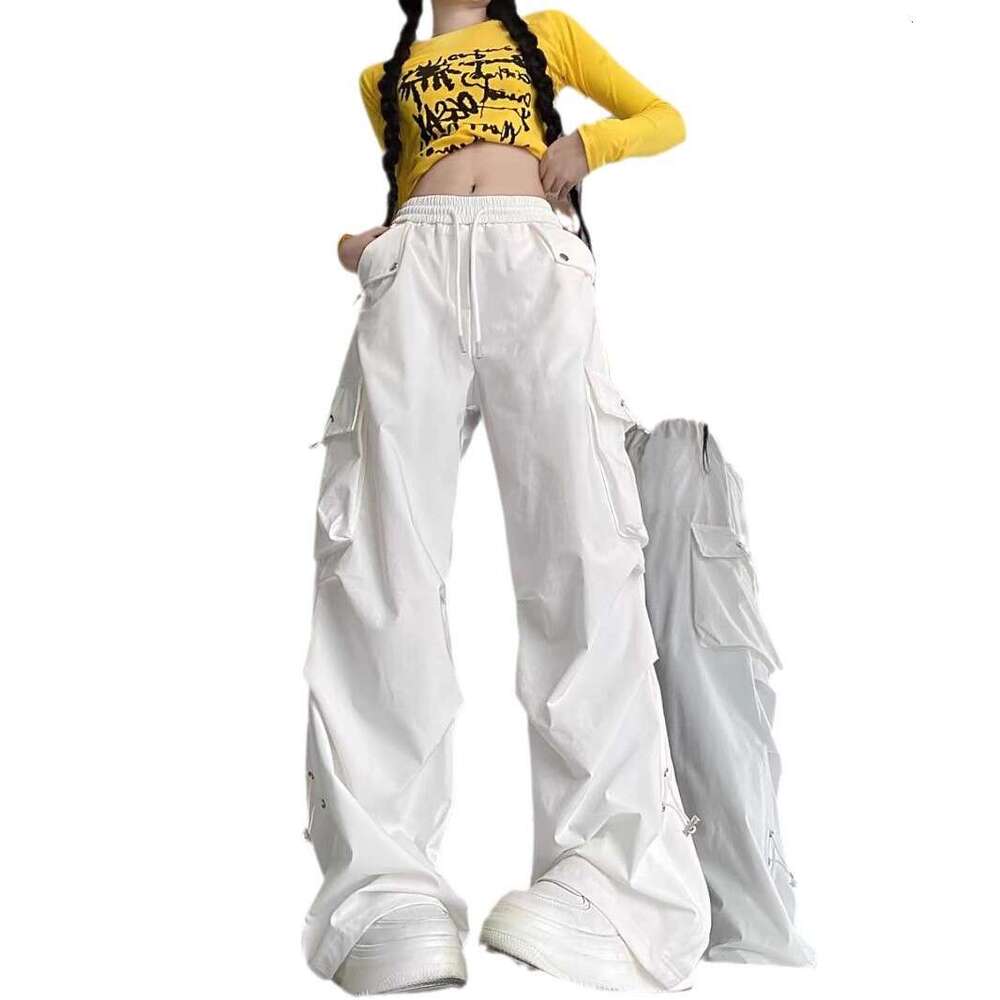 American Spicy Girl Pocket Wide-Leg Sweet Cool Style Cargo Women Versatile Slimming High-Waist White Casual Pants B5