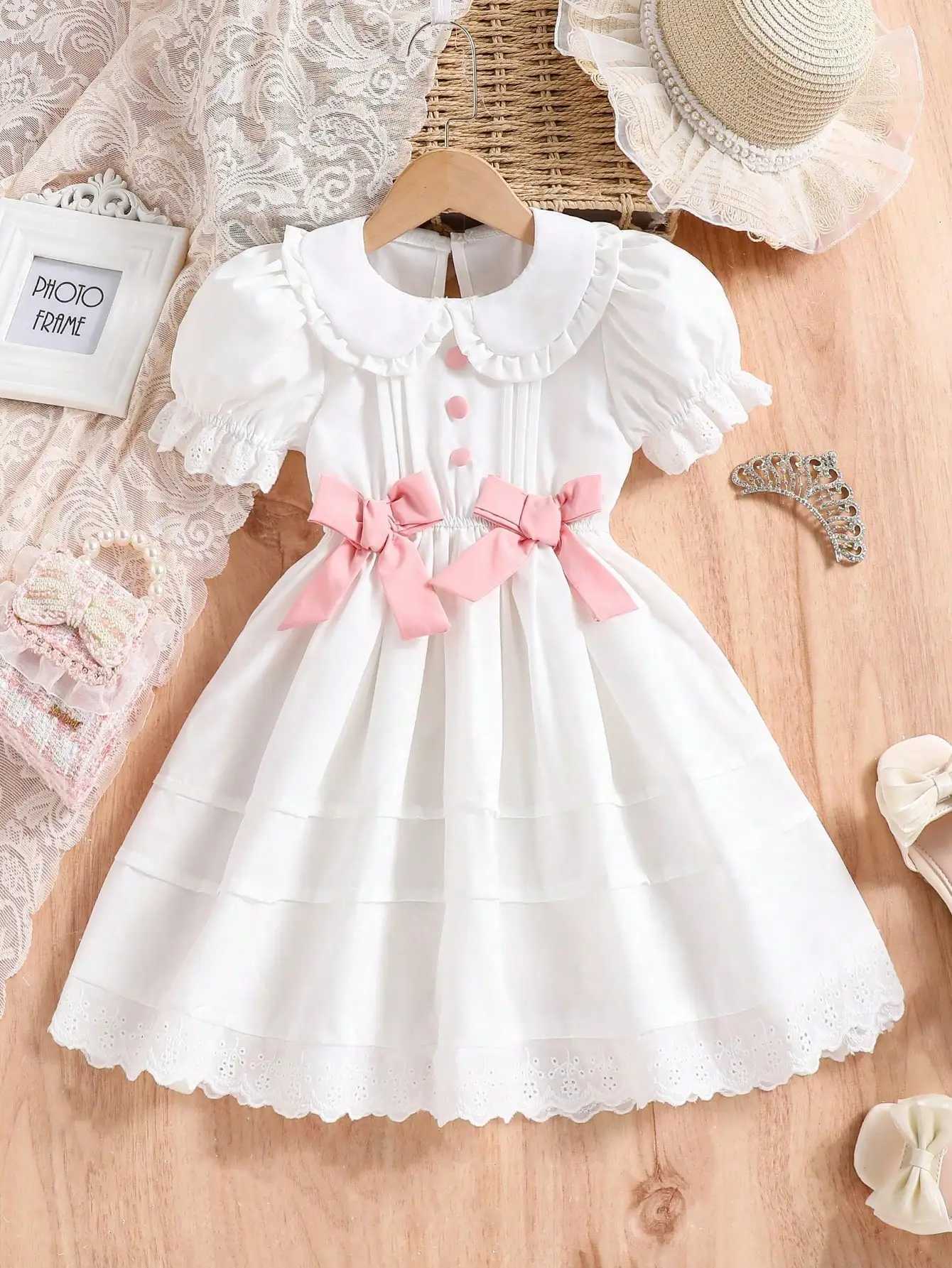 Girls 4-7Y White Princess Dress with Bow Puff Sleeves Elegant Party Dress for Birthday/Photo Spring Summer R250707