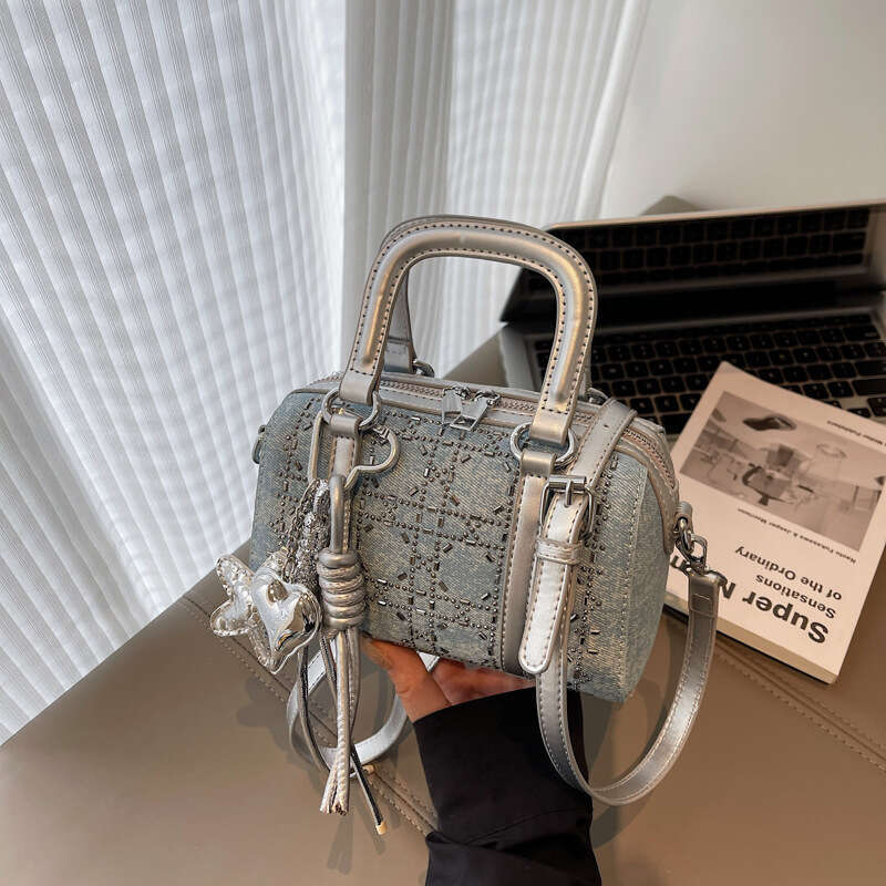 2025 New Free shipping Fashion Handbag Denim Rhinestone Boston Women's High-end Single Shoulder Crossbody Casual Bag