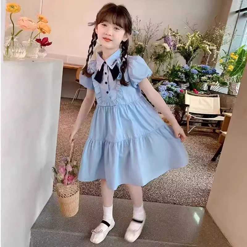 2025 New Summer Girls Dress Childrens College Style Gown Teenager Turn-down Collar Clothes Kids Fashion Short Sleeve Dresses R250707