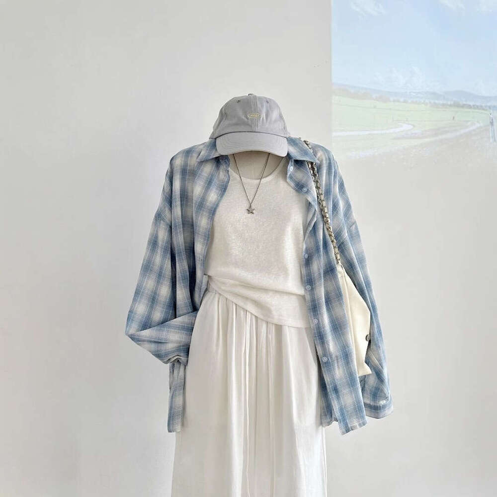 New Lazy Style Blue Plaid Long Sleeve Shirt Jacket For Spring, Autumn, And Summer, Versatile Outerwear Sun Protection Clothing B5