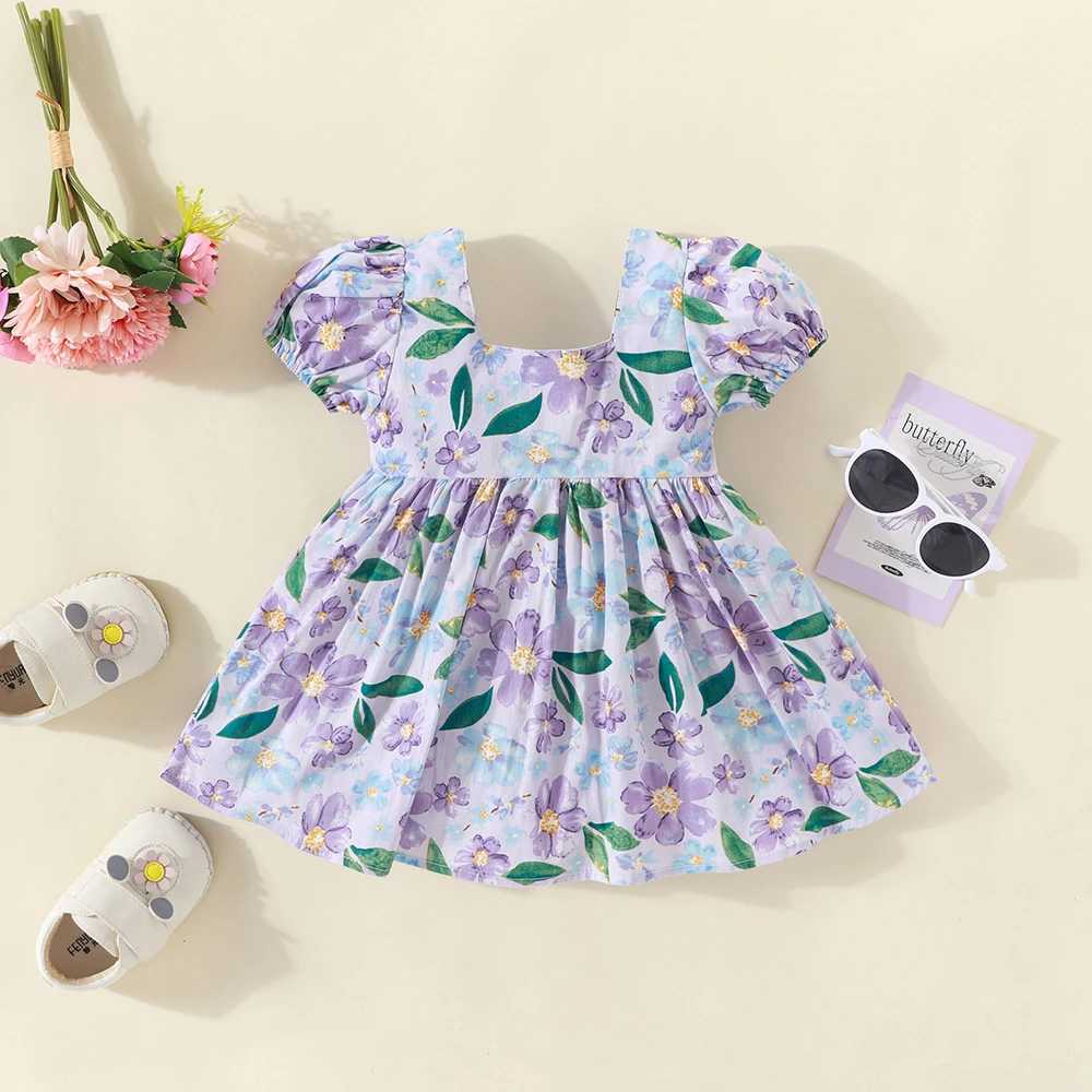 Baby Girl Summer Clothes Bow and Floral Pattern Bubble Sleeve Gentle Baby Girl Dress Cute Casual Vacation Baby Dresses R250707