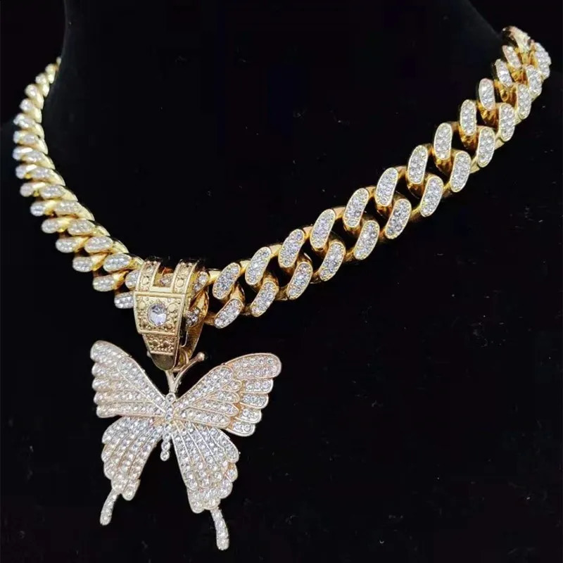 Men Women Hip Hop Iced Out Bling Butterfly Pendant Necklace with 13mm Miami Cuban Chain HipHop Necklaces Fashion Charm Jewelry 250707