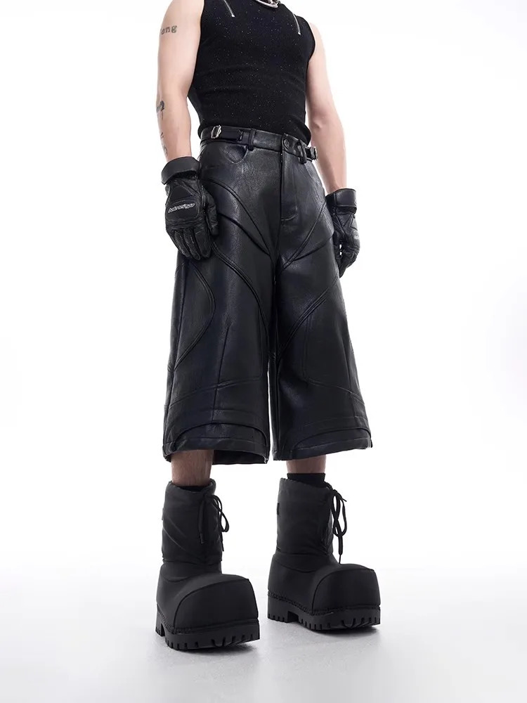 Mauroicardi Spring Summer Cool Handsome Black Pu Leather Shorts for Men High Waist Knee Length Short Straight Pants Clothes 2025 250704