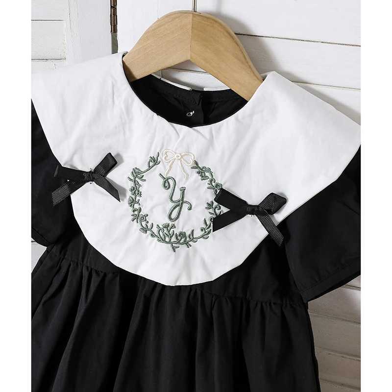 Summer Children Embroidery Flower 1-6Yrs Baby Girls Dress Infant Clothing Doll Collar Bubble Black Cotton Kids Party Bow Dress R250707