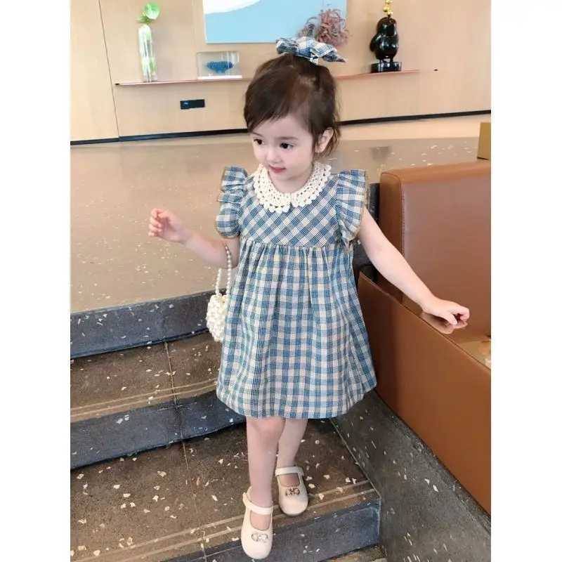 Girls Dress Summer New Fashionable Female Baby Korean Lace Plaid Dress Sleeveless Childrens Princess Dresses R250707