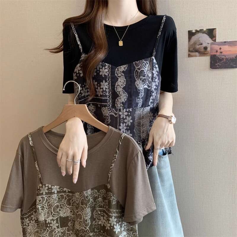 Plus Size Fake Two-Piece Camisole Round Neck Short Sleeve Women's Summer Design Loose Slimming Elegant Floral Top B5
