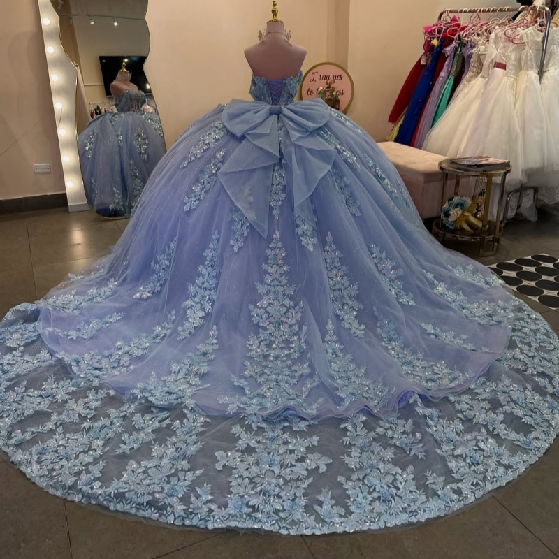 Blue Shiny Quinceanera Dresses Ball Gown Off The Shoulder Applique Lace Beading Crystal Tull Corset Party Birthday Sweet 16 Dress Vestidos 15 Anos