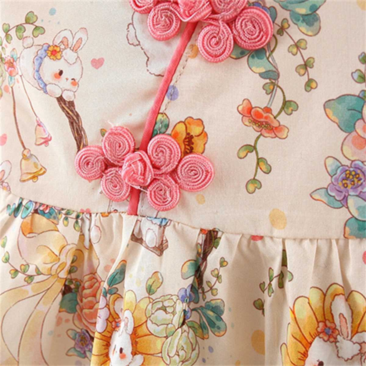 Summer Chinese Style Girls Dress Baby Girls Cartoon Bunny Flower Print Small Fly Sleeves Stand Collar Button Princess Dress R250707
