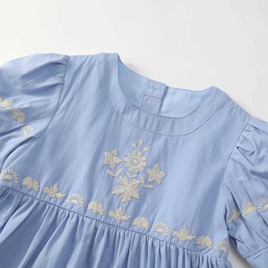 Girls embroidered dress 2025 summer dress childrens French sky blue bubble short sleeved princess dress R250707