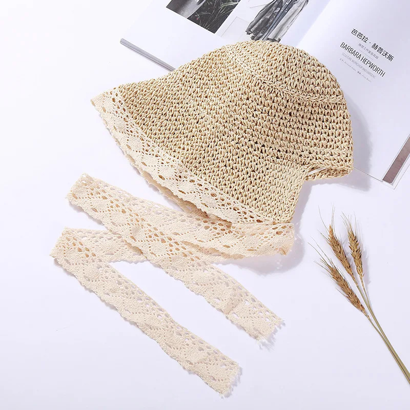 Summer Hats for Women Sun Hat Beach Lace Ribbon Holiday Straw Paper Lady Outdoor Travel Cap Bucket Foldable 250707