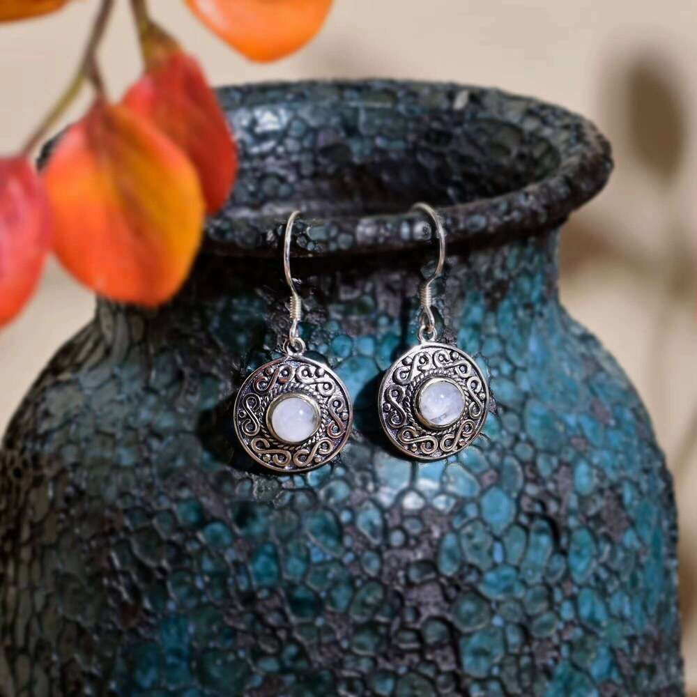 Ethnic Sier Earrings, Round Moonstone, Suitable for Women's Fine Jewelry Gifts