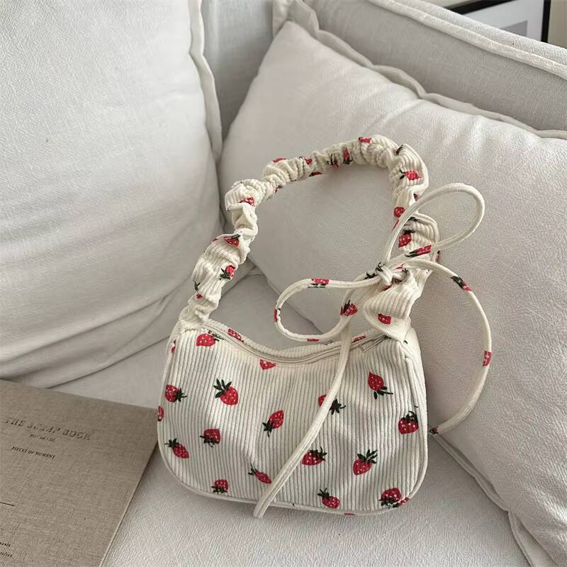 Women Small Underarm Bag Corduroy Handbag Cute Strawberry Print Little Tote Half Moon Design Eco Cloth Purse Mini Shoulder Bags ddmynov
