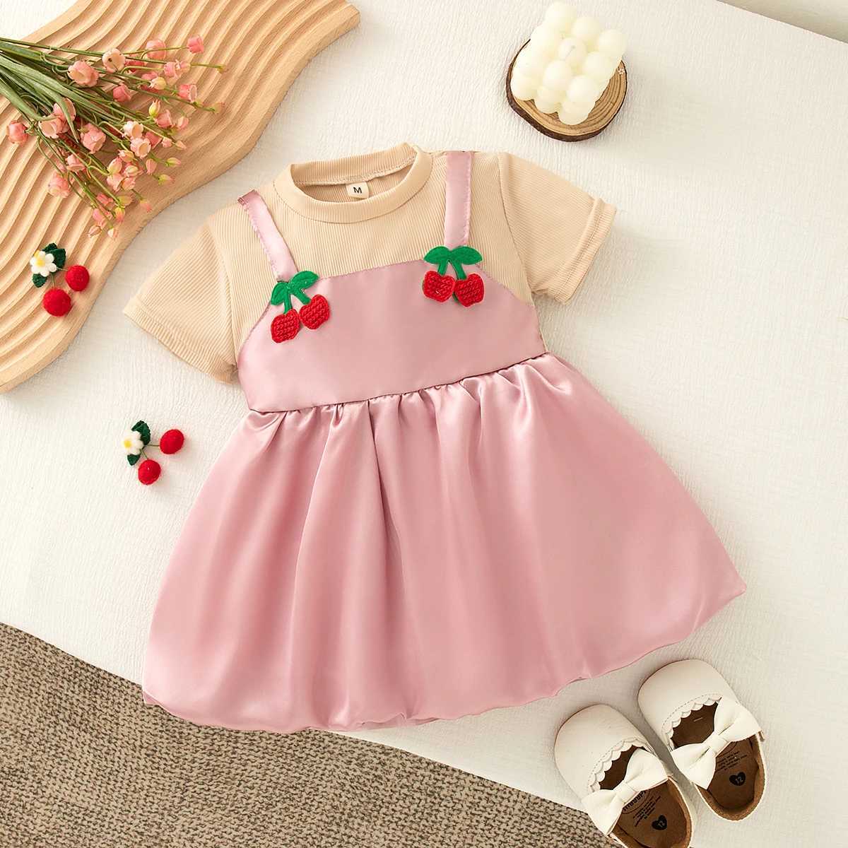Summer Casual Dresses for Girls Cute Cherry Decoration Knit Short Sleeve Color Block Dress Baby Girl Pink Dress R250707