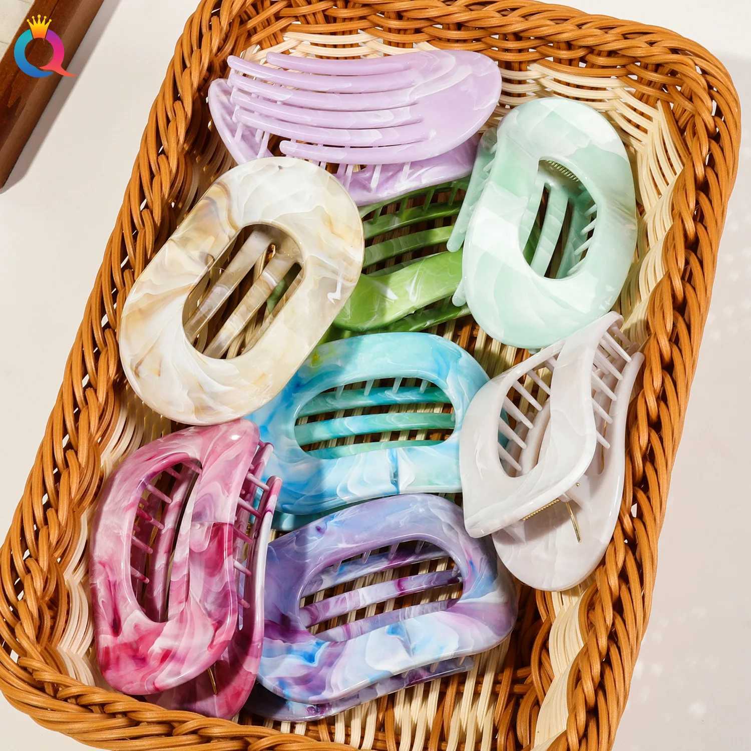 Fashion Oval Hair Claw Clips Women Elegant Marbling Acrylic Flat Circular Hair Grips Premium Colorful Updo Hair Pins Barrettes Y250707