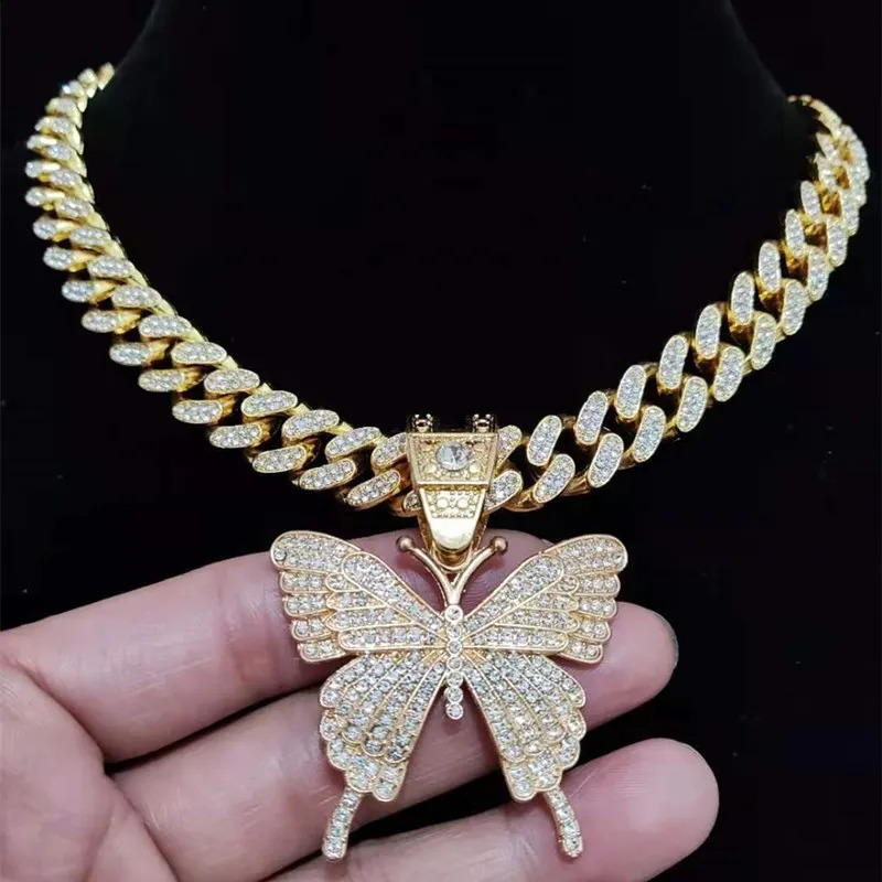 Men Women Hip Hop Iced Out Bling Butterfly Pendant Necklace with 13mm Miami Cuban Chain HipHop Necklaces Fashion Charm Jewelry 250707