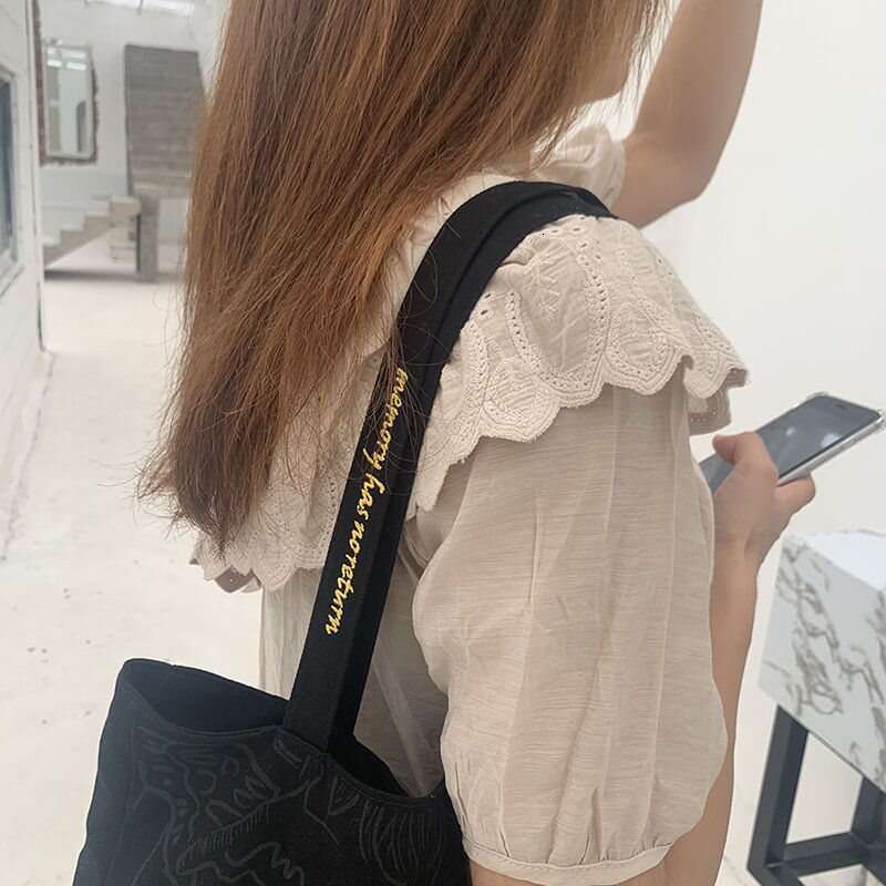 Black 2024 New Korean Fashion Versatile Fresh Style Single Shoulder Embroidered Butterfly Canvas Bag