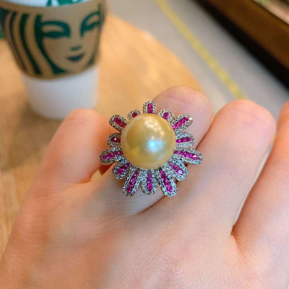 Tiktok Australian Mother-Of-Pearl Pearl Micro-Paved Red Ruby Fashion Adjustable Ring 0B6