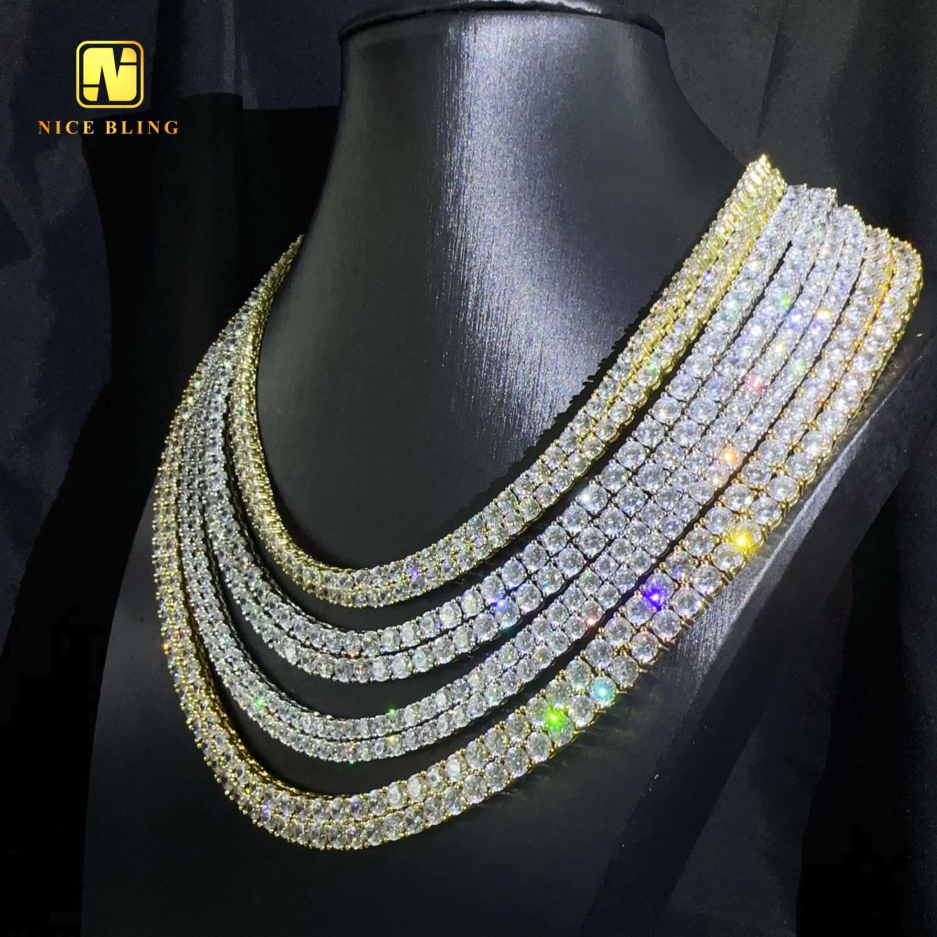 Factory Wholesale Price 18k White Gold Plated 925 silver Moissanite vvs1 Tennis Chains 3mm 4mm 5mm 6mm Handmade Tennis Necklace