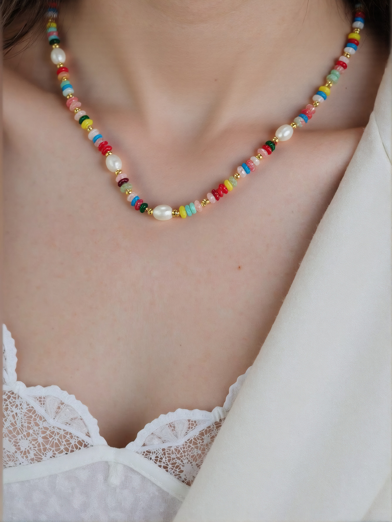 Minimalist Dopamine Rainbow Beaded Necklace Niche Design Light Luxury Collar Chain TM0032