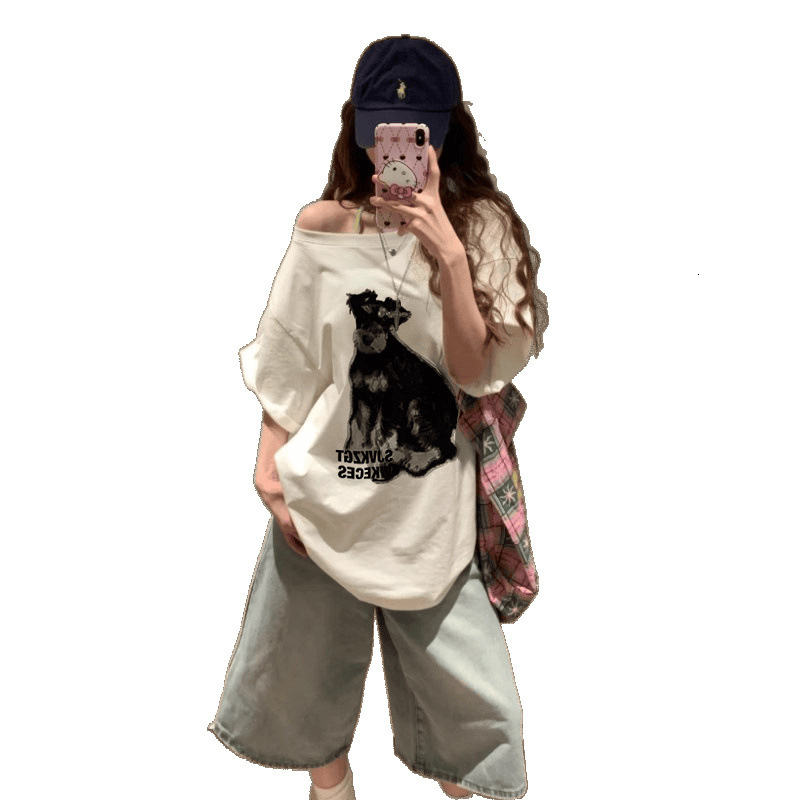 2025 Summer New Women's S T-shirt Summer Spicy Girl Dog Print Asymmetric Fashion Women's T-shirt Lazy Style Wide Truffle Shoulder Top New De