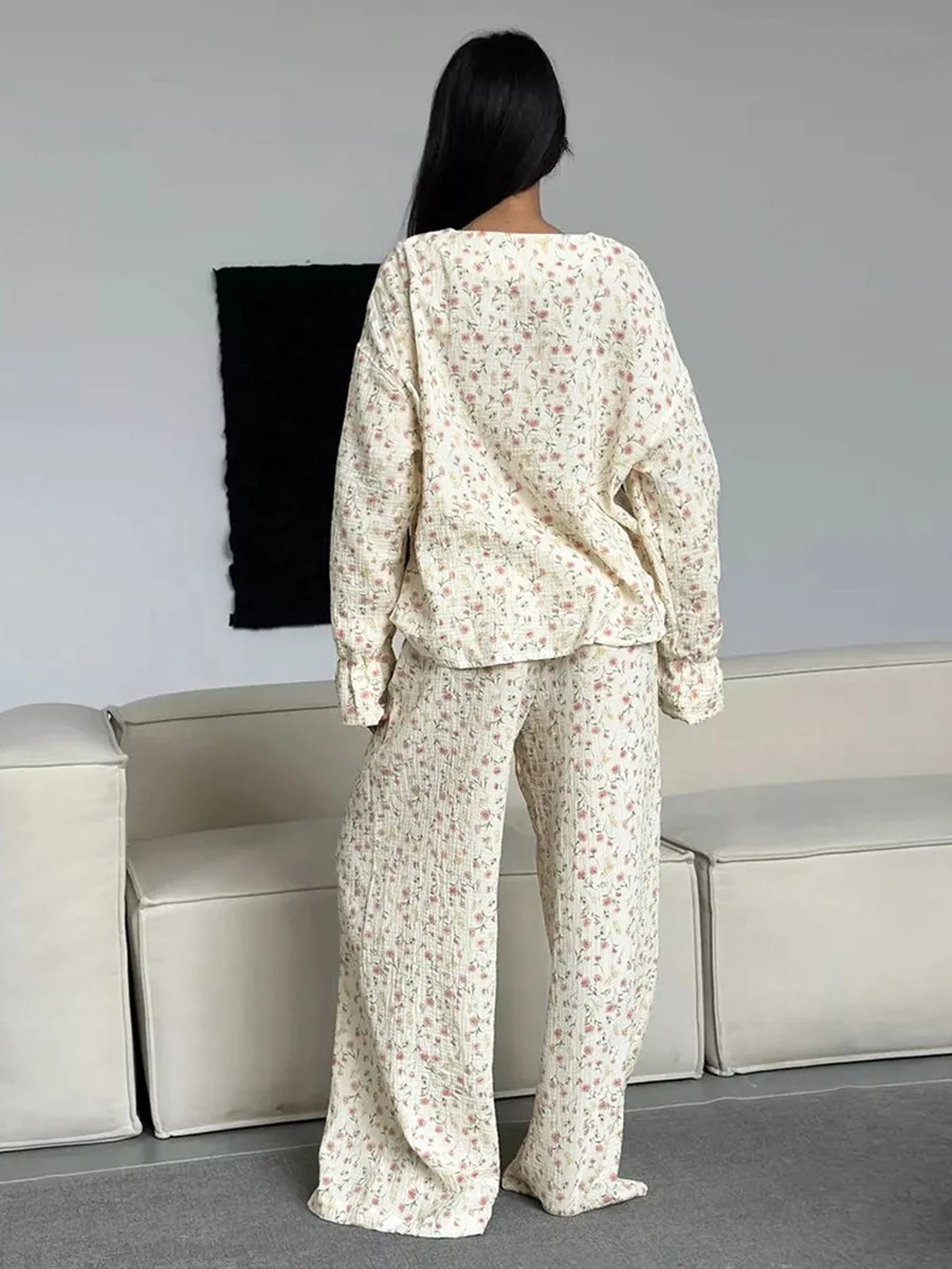 Muzuleva 100% Cotton Printed Cardigan Pajama Set Womens Autumn Long Sleeved Pants Pajamas Loose Home Clothing 2-piece Set 250708