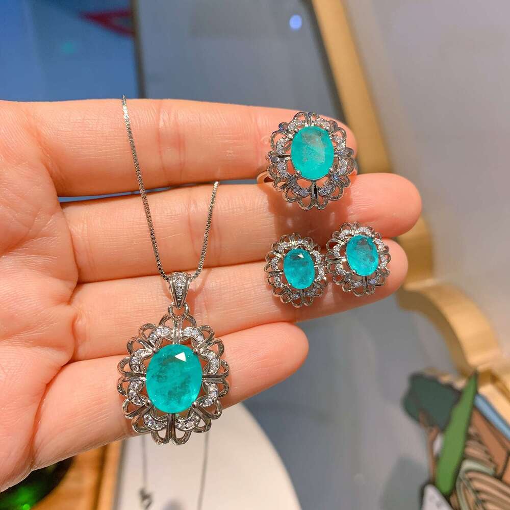 Hua Youmei Imitation Natural Paraiba Necklace Wedding Evening Jewelry Three-Piece Set Earrings Ring 196