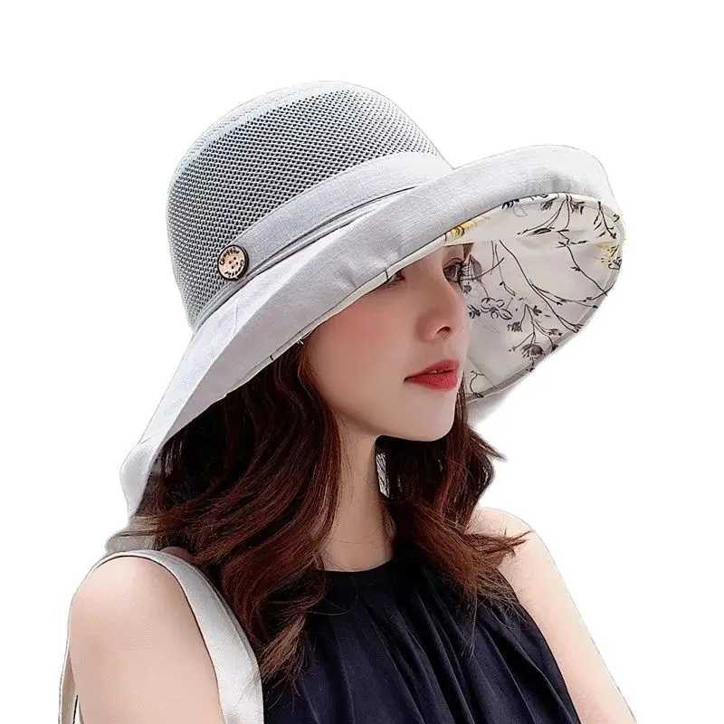 Summer Womens Double-sided Bucket Hat Korean Version Mesh Pattern Button Bucket Hat Outdoor Sunscreen Hat Y250707