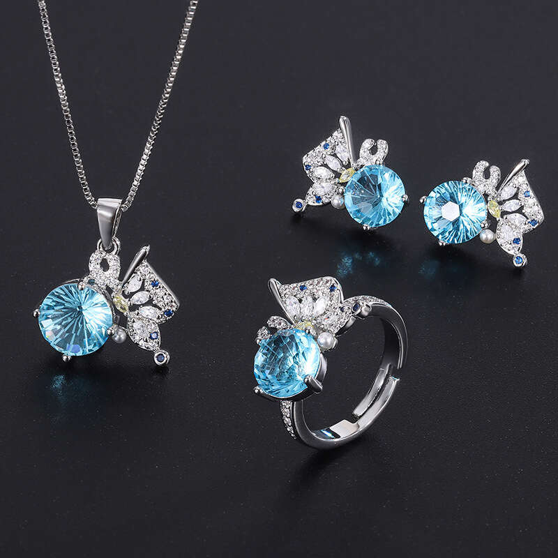 Tiktok Live Micro Pave Dia Fireworks Chrysanthemum Blue Ring 2022 New Women's Earrings Pendant Set 8E2