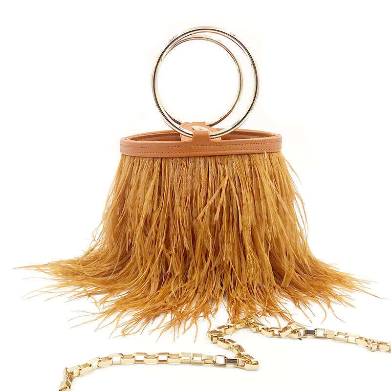 Women's dinner bag Trendy Shoulder Crossbody Handbag Round Chain Show Fashion Ostrich Feather Tassel Bag