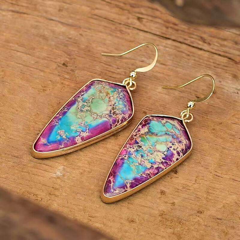 Outstanding Women Jewelry Natural Stone Bohemian Jasper Mixed Color Arrow-Shaped Earrings