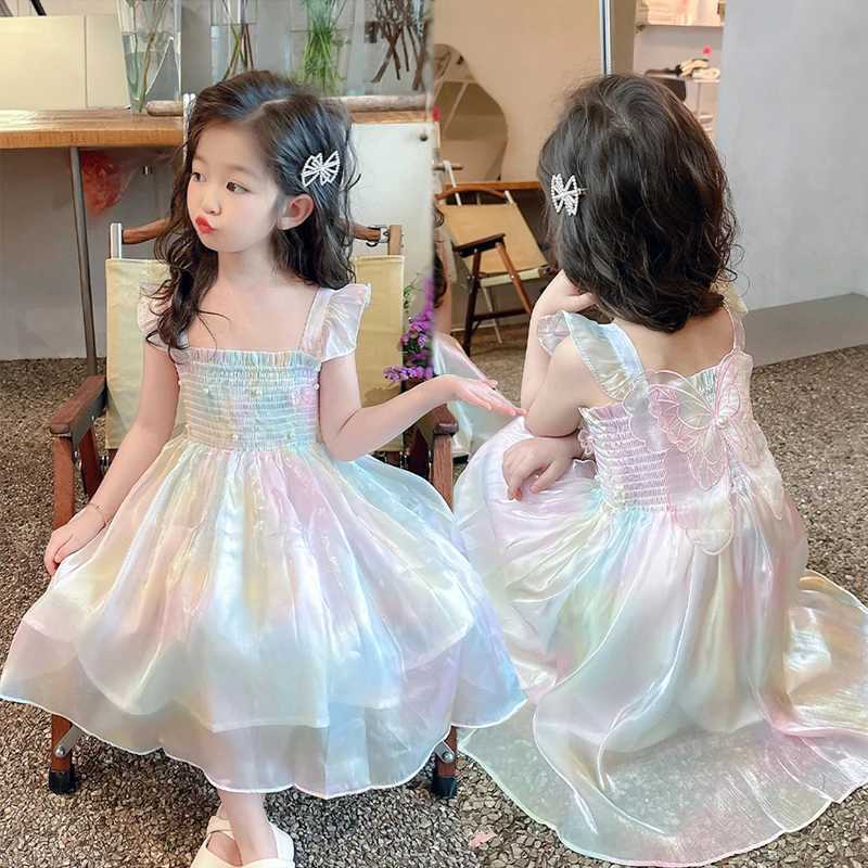 1-8 Years Cute Summer Princess Girls Dress Gradient Rainbow Butterfly Decoration Mesh Dress For Girls Party Prom Gown Clothes R250707