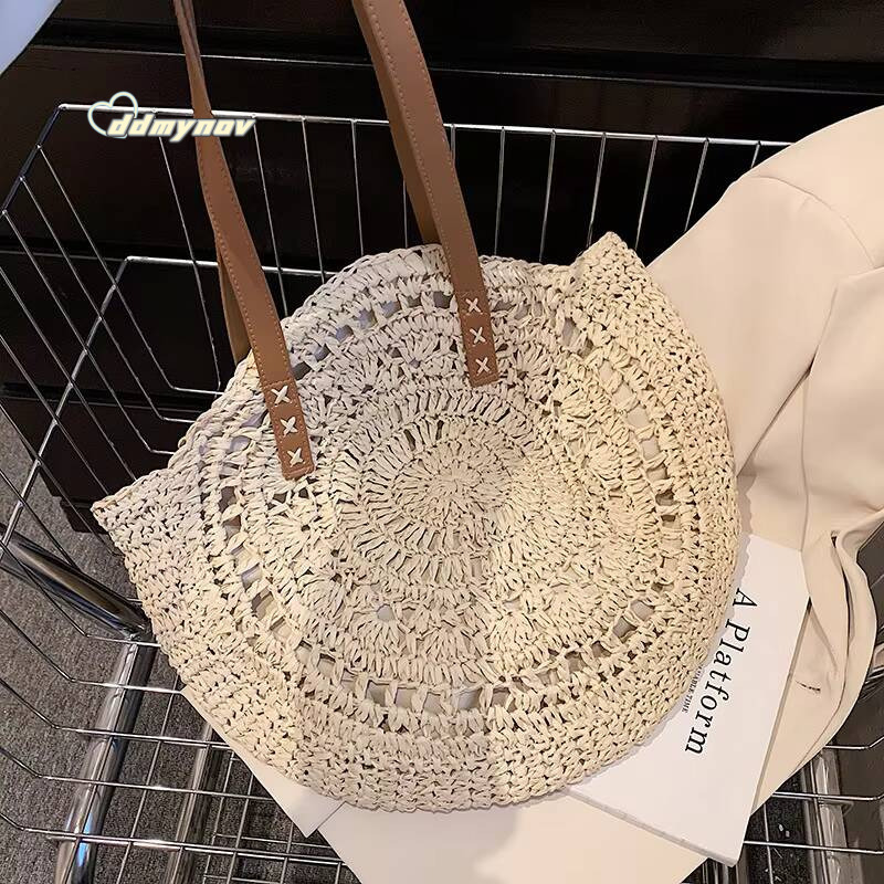 Round Straw Beach Vintage Handmade Woven Shoulder Bag Raffia circle Rattan bags Bohemian Summer Vacation Casual Bags ddmynov