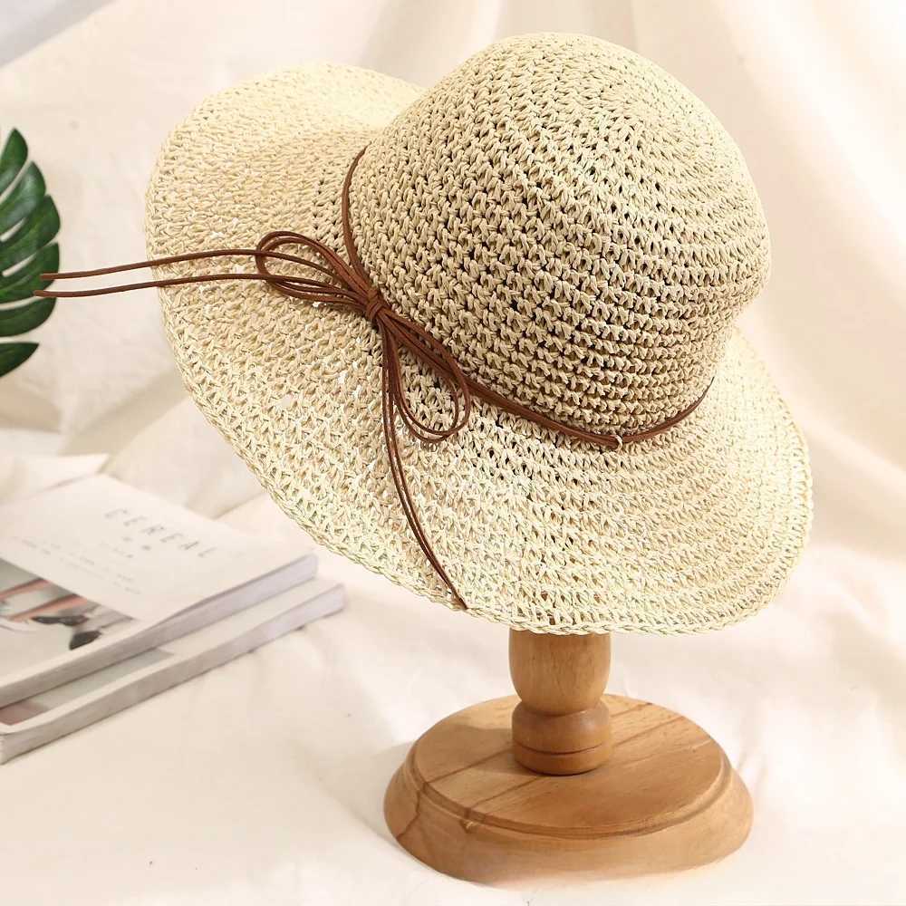 New Holiday Beach Fisherman Hat Seaside Sun Protection Sun Hat Large Brim Bow Woven Straw Hat Women Panama Chapeau Korean Y250707