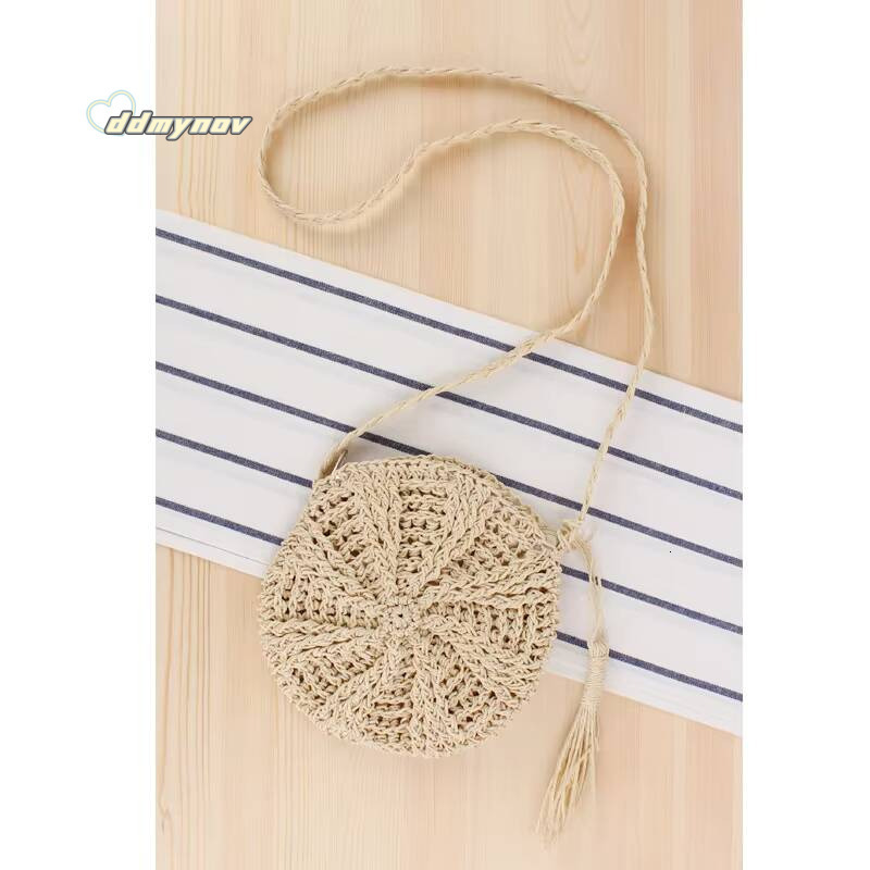 Rattan Woven Round Women Straw Handbag Knit Summer Beach Woman Shoulder Messenger Bag Tassel Khaki Beige Bags ddmynov