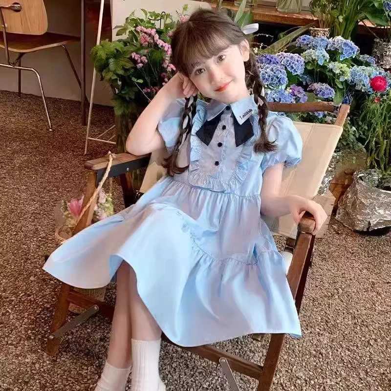 2025 New Summer Girls Dress Childrens College Style Gown Teenager Turn-down Collar Clothes Kids Fashion Short Sleeve Dresses R250707