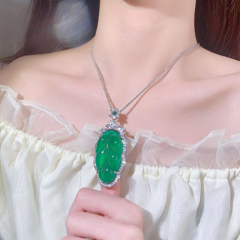 Huayoumei Jewelry Green White Chalcedony Large Leaf New Chinese Accessories National Style Universal Necklace Pendant 29D