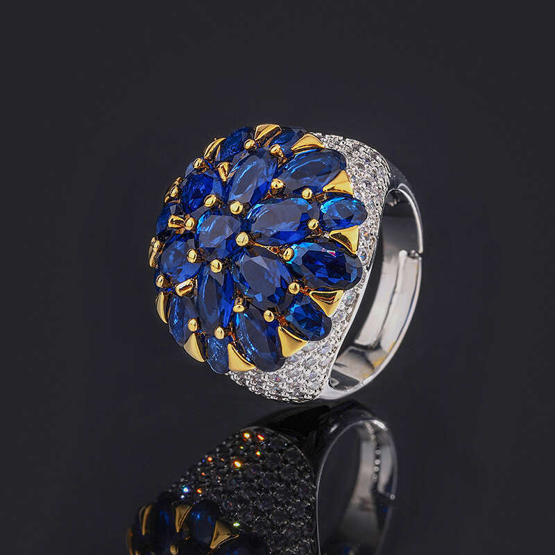 Pigeon Blood Palace Style Flower Blue Cubic Zirconia Red Corundum Gemstone Adjustable Ring D07