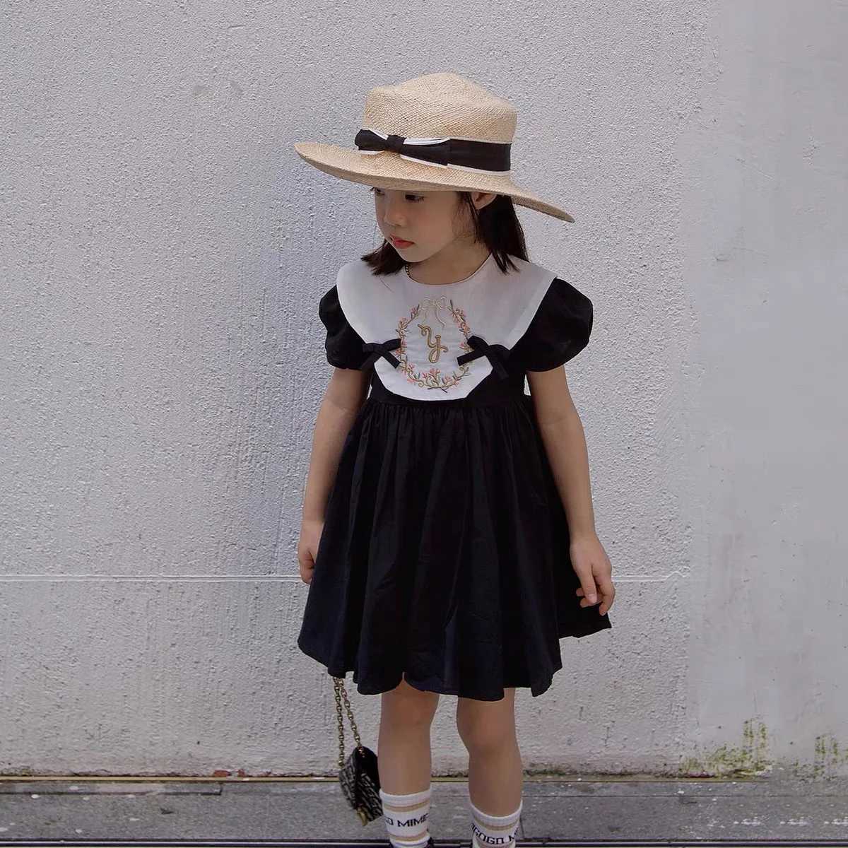 Summer Children Embroidery Flower 1-6Yrs Baby Girls Dress Infant Clothing Doll Collar Bubble Black Cotton Kids Party Bow Dress R250707