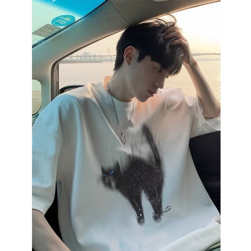 2025 Summer New Women's T-shirt Fashionable Cat Print Short Sleeved T-shirt For Men And Women Loose Summer Couple T-shirt Top New Designer T-shir
