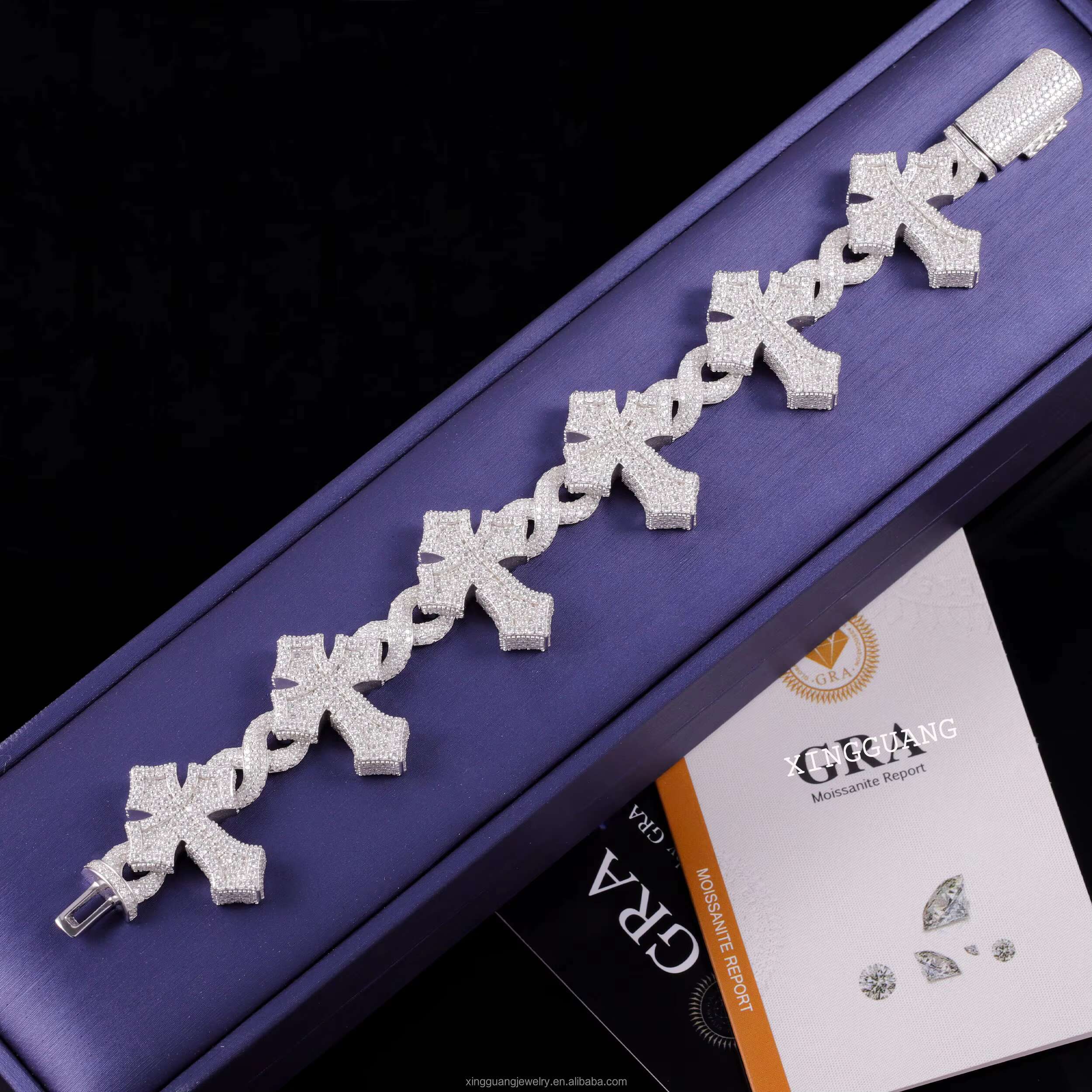 XG Iced Out Cross Moissanite Cuban Bracelets 925 Silver Plated Gold Fine Jewelry Vvs Moissanite Diamond Bracelets for Men/Women