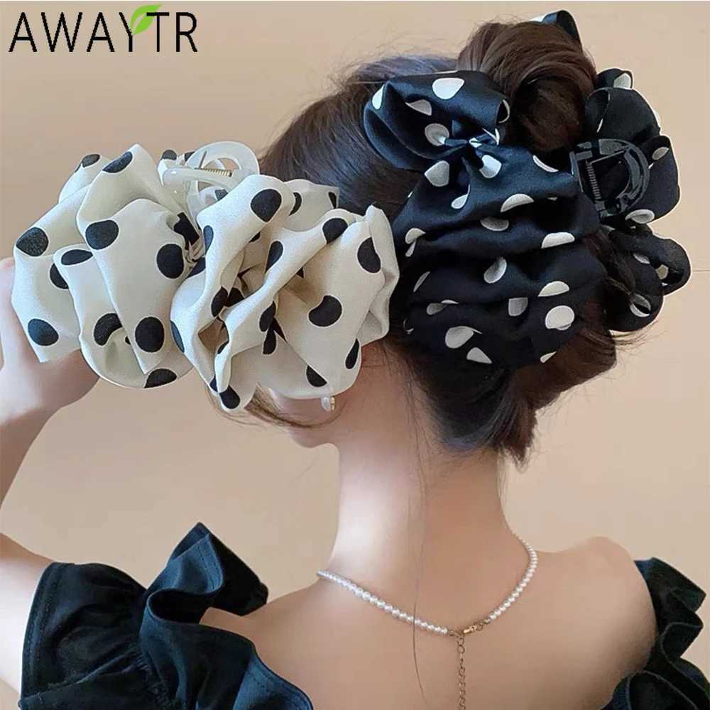 awaytr Wrinkled Polka Dots Hair Claws Elegant Satin Hair Clips Crab for Girl Gift Hair Accessories Festival Headwear Y250707