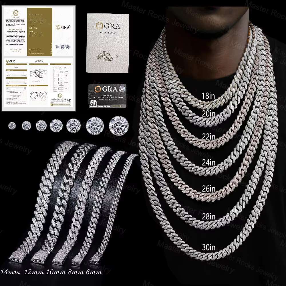 Hiphop Cuban Link Chain 15mm 2 Row Iced Out Chain Men 925 Silver Vvs Moissanite Cuban Chain