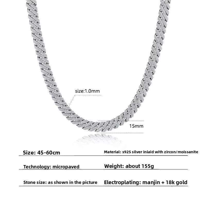 925 Sterling Silver Cuban Link 15mm Moissanite Diamond Necklace Stylish Jewelry for Men