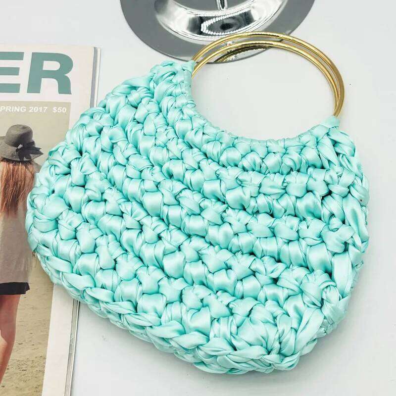Fashion Nylon Crochet Handbag Metallic Round Handle Clutch Bag Handmade Silk Ribbon Woven Bags For Women Knitting Purses