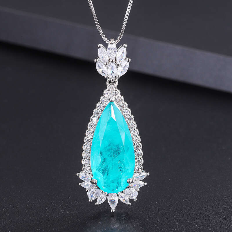 Fashion Gemstone Jewelry Emerald Necklace Water Drop Shape Inlaid Dia Paraiba Pendant For Women 438