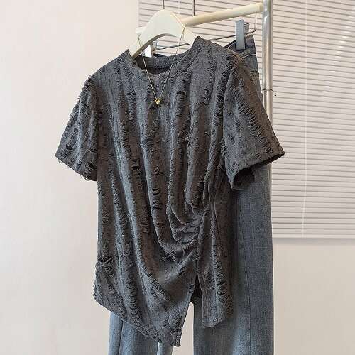 Irregular Ruched Regular Shoulder Short Sleeve T-Shirt For Women Summer Design Sense Distressed Unique Slimming Round Neck Top B5