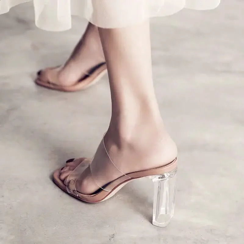 Summer Women Pumps Sandals PVC Jelly Slippers Open Toe High Heel Transparent Perspex Shoes Clear 250703