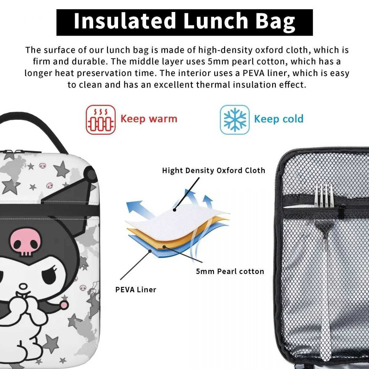 Cartoon Kuromi Insulated Lunch Bags Thermal Bag Lunch Container High Capacity Tote Lunch Box Food Handbags Work Picnic